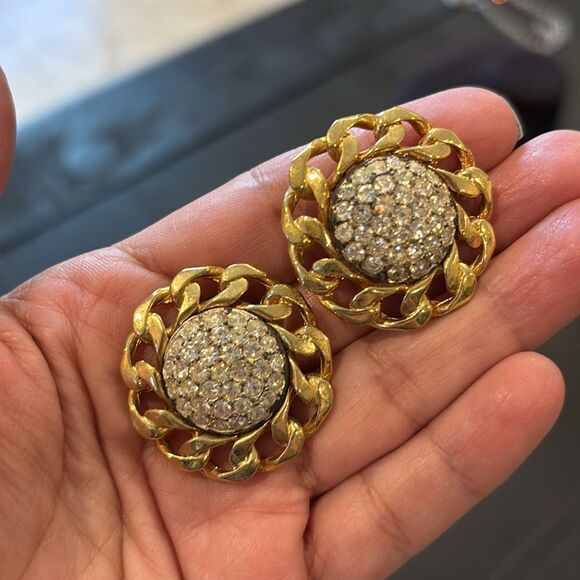 Gold and Silver Chain Link Pierced Rhinestone Earrings - Picture 6 of 7